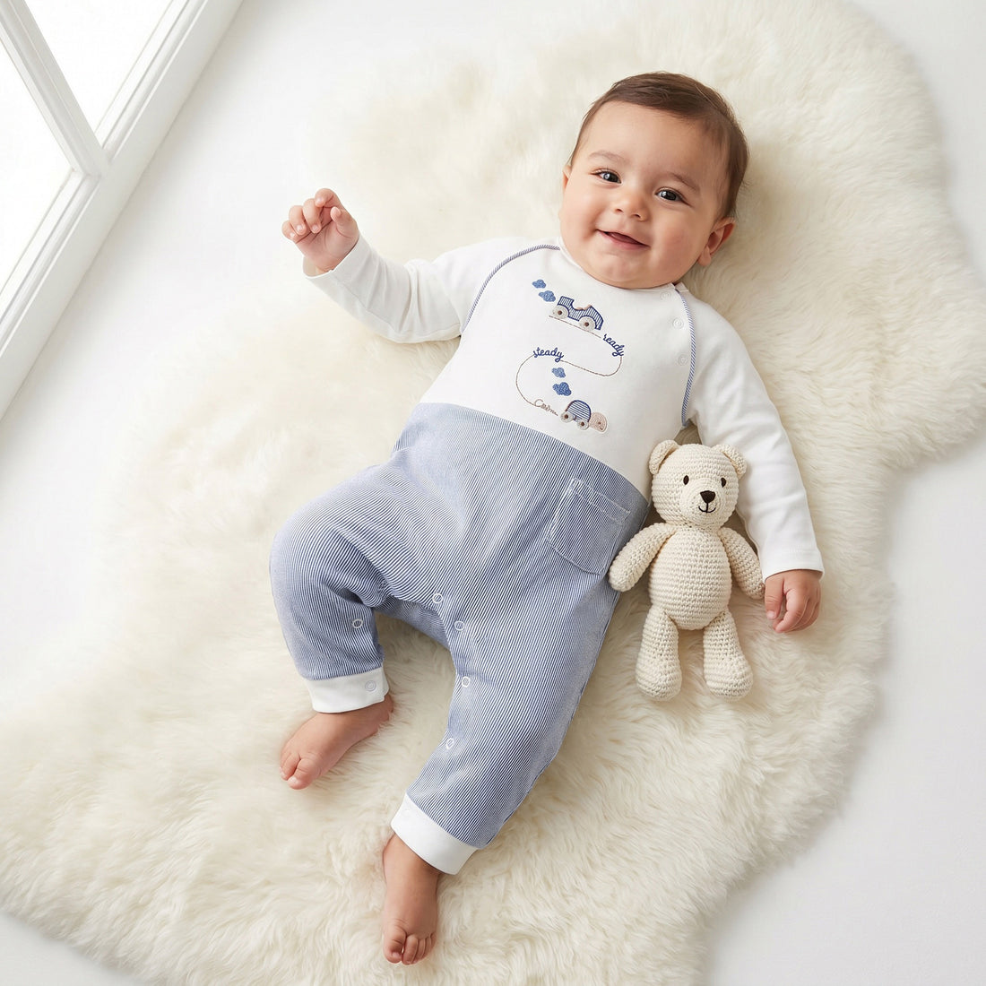 Giggles Cotton Round Neck Long Sleeves Sleepsuit with Car Embroidery