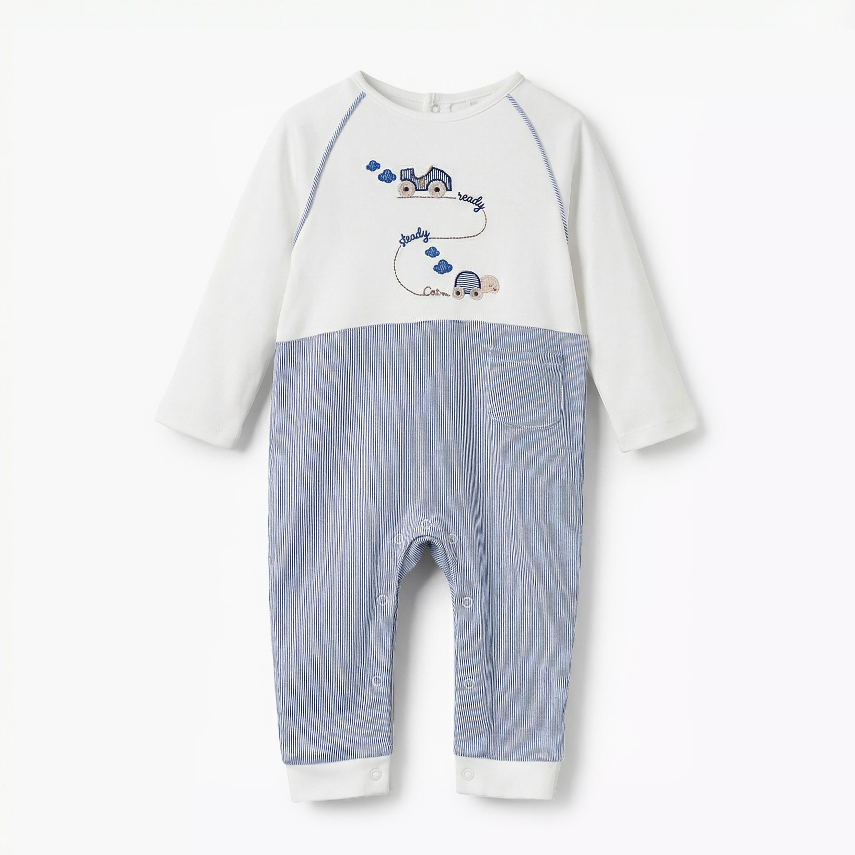 Giggles Cotton Round Neck Long Sleeves Sleepsuit with Car Embroidery - Blue / 12-18 mths