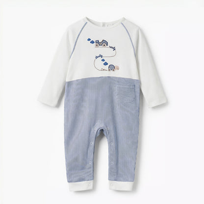 Giggles Cotton Round Neck Long Sleeves Sleepsuit with Car Embroidery - Blue / 12-18 mths