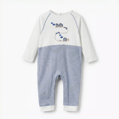 Giggles Cotton Round Neck Long Sleeves Sleepsuit with Car Embroidery