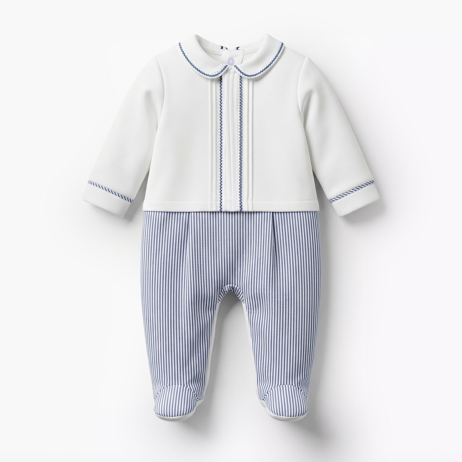 Giggles Cotton Collared Long Sleeves Sleepsuit with Pinstripe Print - White / 12-18 mths