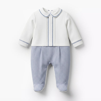Giggles Cotton Collared Long Sleeves Sleepsuit with Pinstripe Print - White / 12-18 mths