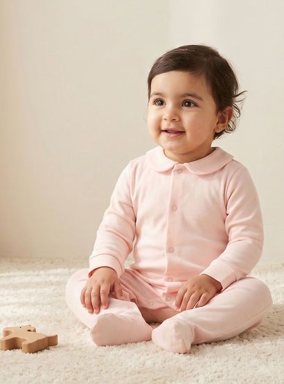 Giggles Supima Cotton Peter Pan Collar Long Sleeves Sleepsuit with Floral Embroidery-baby-girls-clothing-nightwear-sleepsuits-image-1