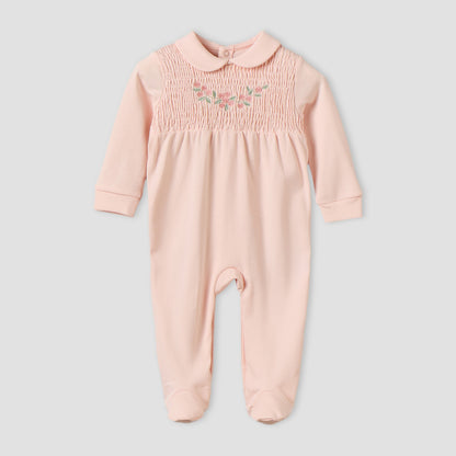 Giggles Supima Cotton Peter Pan Collar Long Sleeves Sleepsuit with Floral Embroidery