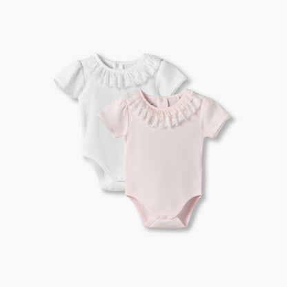 Pack of 2 Giggles Cotton Round Neck Short Sleeves Bodysuit with Lace Trim