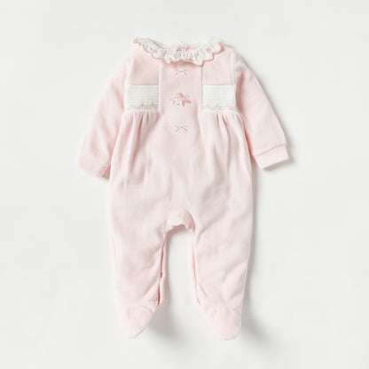 Giggles Embroidered Sleepsuit with Ruffle Collar and Smock Detail