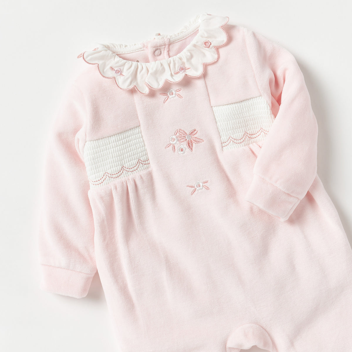 Giggles Embroidered Sleepsuit with Ruffle Collar and Smock Detail