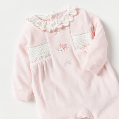 Giggles Embroidered Sleepsuit with Ruffle Collar and Smock Detail