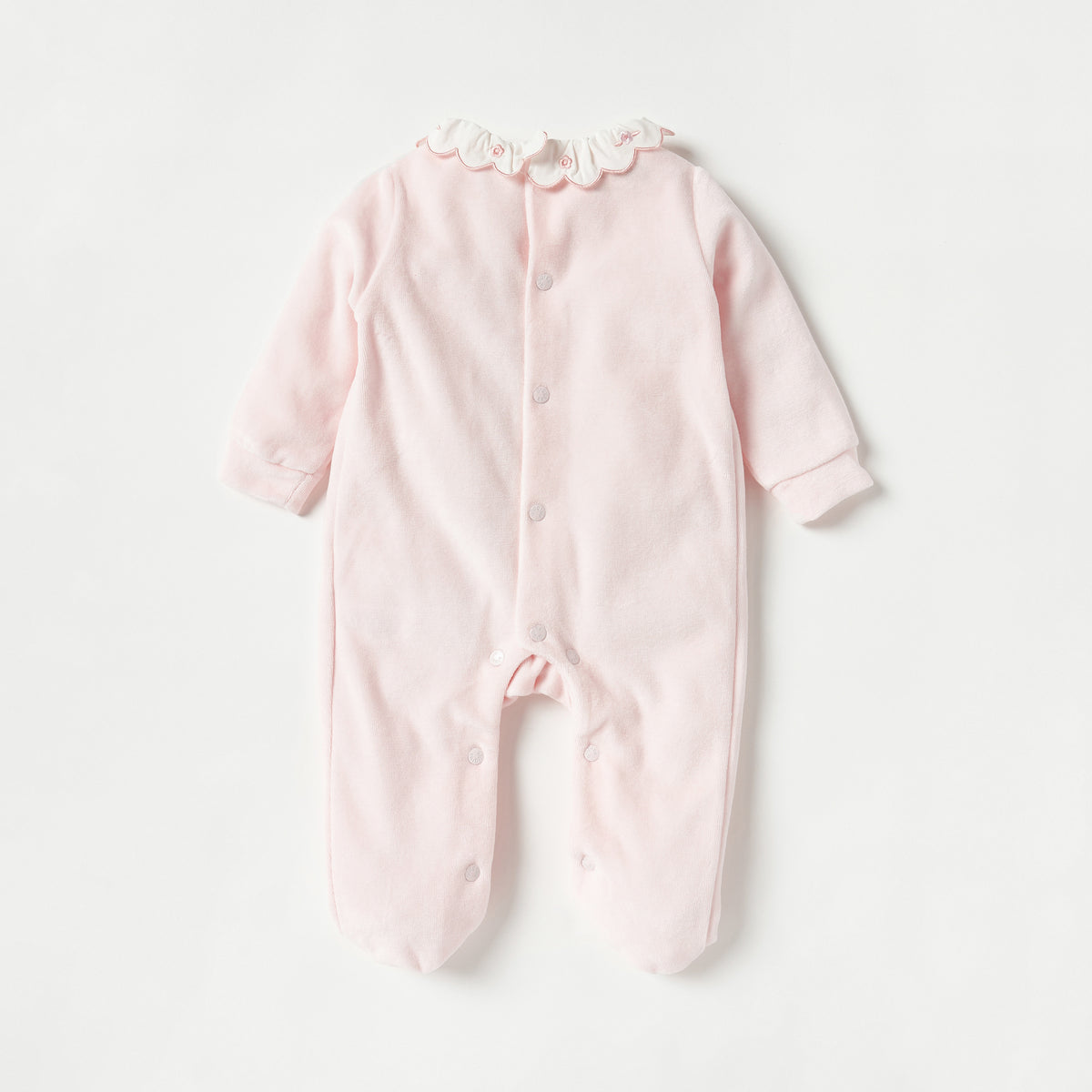 Giggles Embroidered Sleepsuit with Ruffle Collar and Smock Detail