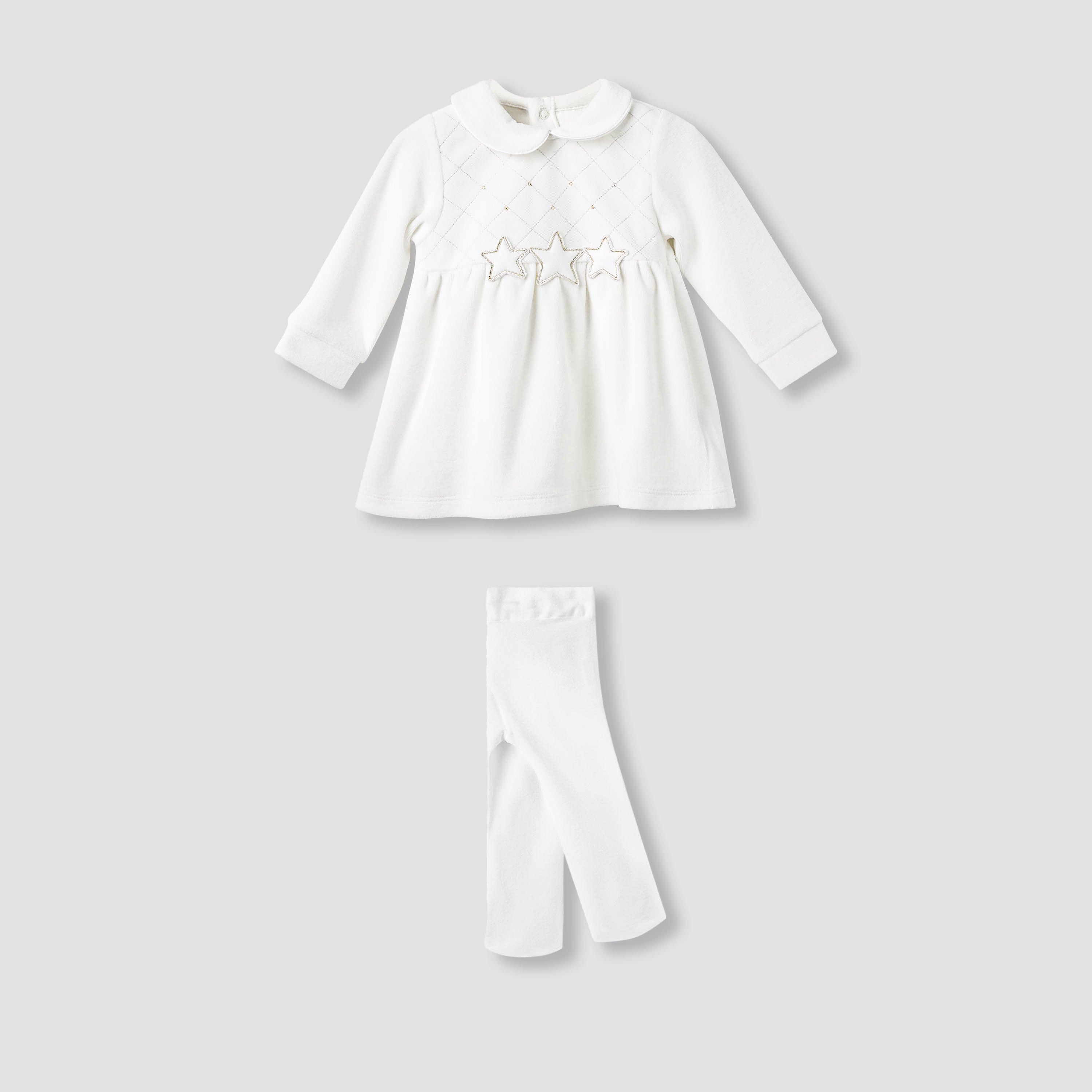 Giggles Girls Dress with Stockings - Long Sleeves - Peter Pan Collar - White / 9-12 mths