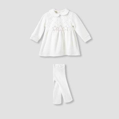 Giggles Girls Dress with Stockings - Long Sleeves - Peter Pan Collar - White / 9-12 mths