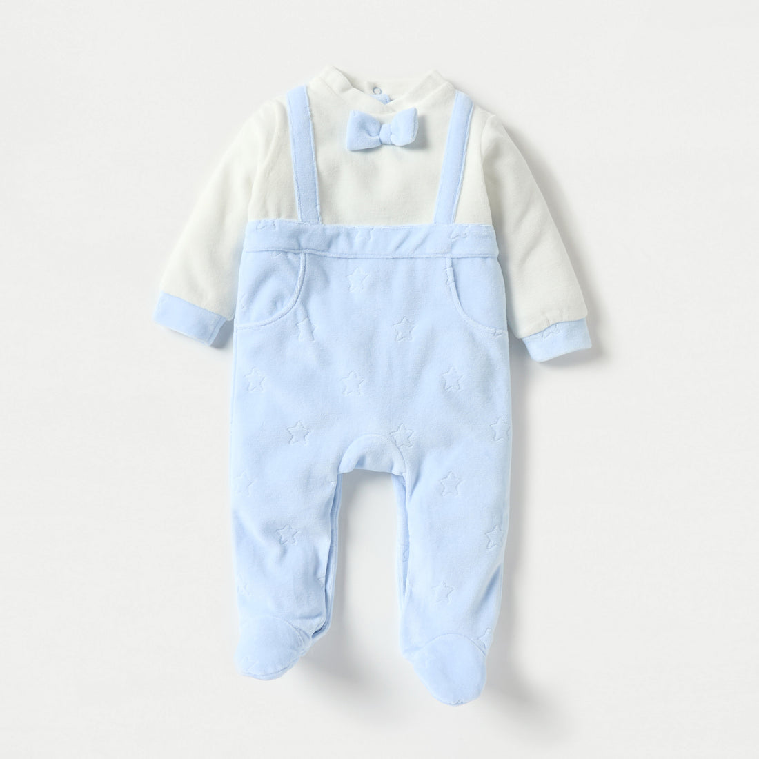 Giggles Star Textured Closed Feet Sleepsuit with Bow Detail and Button Closure - Blue / 9-12 mths