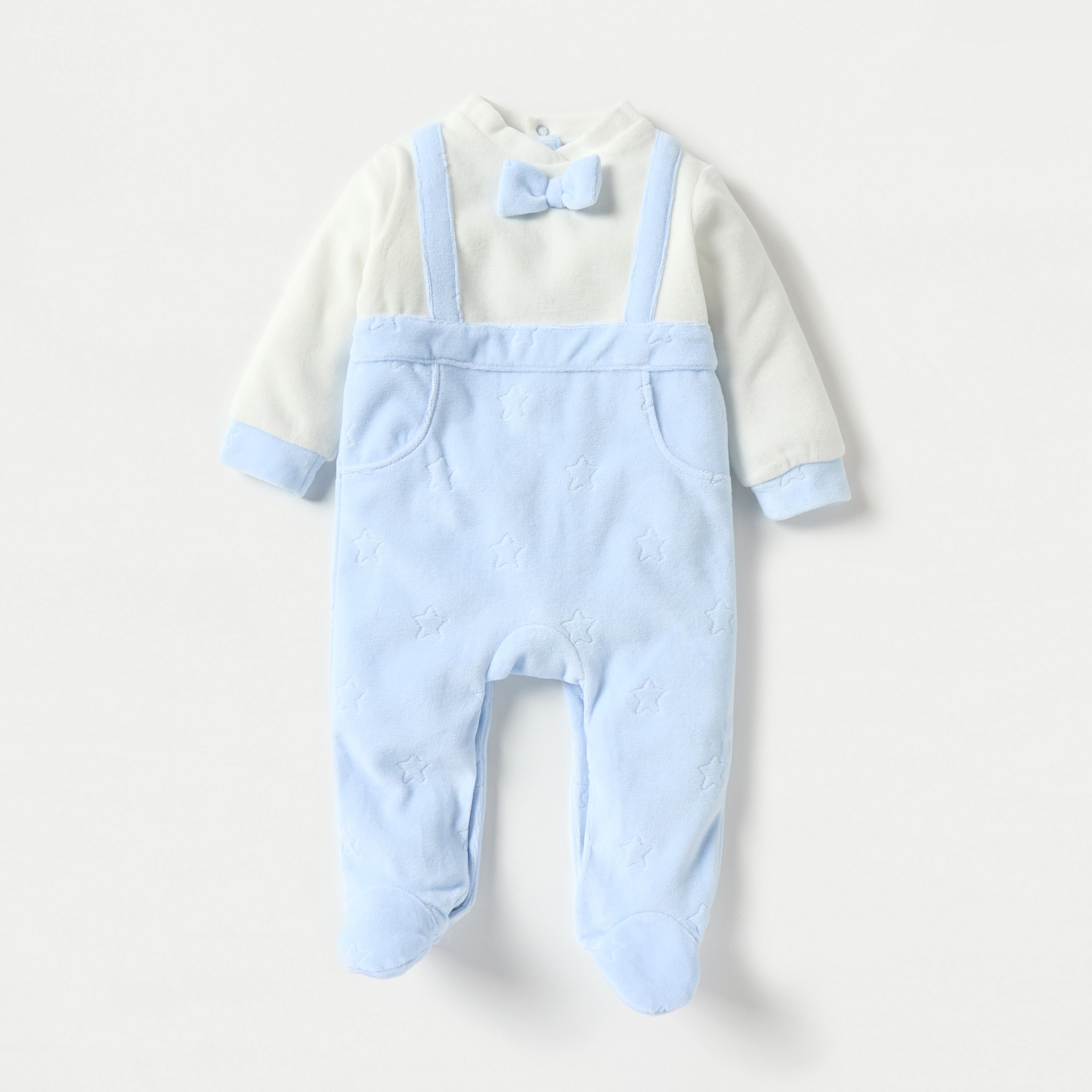 Giggles Star Textured Closed Feet Sleepsuit with Bow Detail and Button Closure - Blue / 9-12 mths