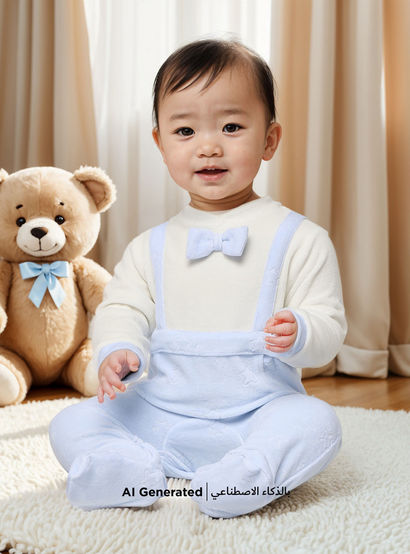 Giggles Star Textured Closed Feet Sleepsuit with Bow Detail and Button Closure-baby-boys-clothing-nightwear-sleepsuits-image-5