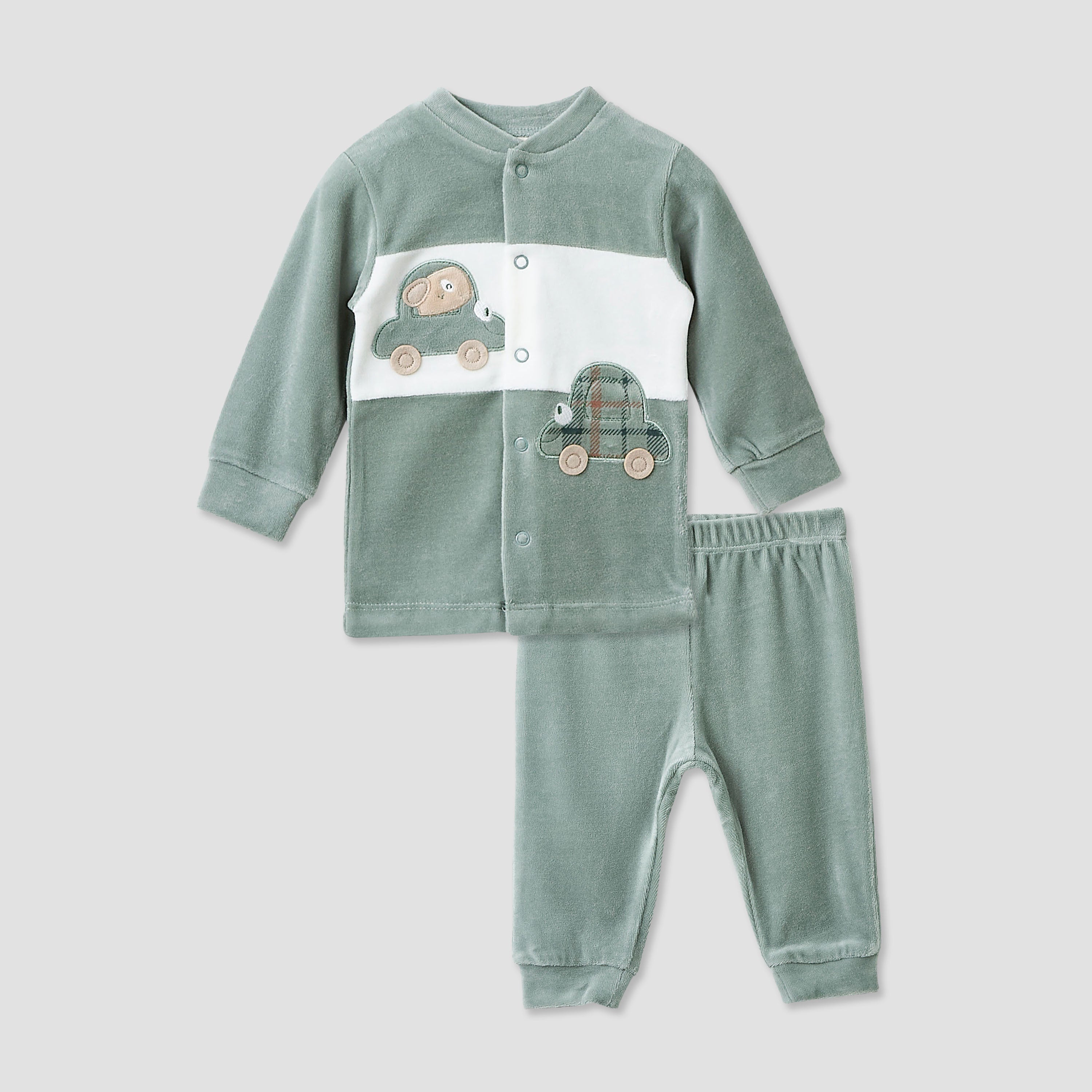 Juniors Pyjama Set with Car Applique Detail - Long Sleeves - Round Neck - Green / 12-18 mths