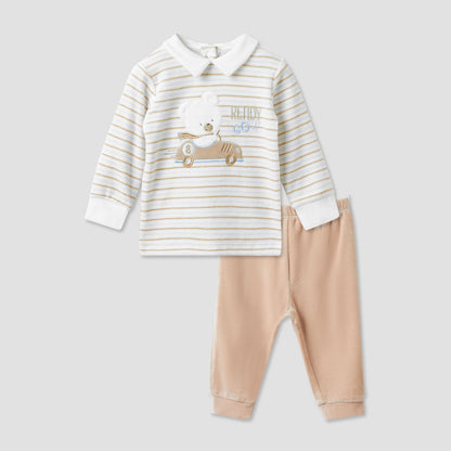 Juniors Pyjama Set with Applique Detail - Long Sleeves - Collar - Beige / 12-18 mths