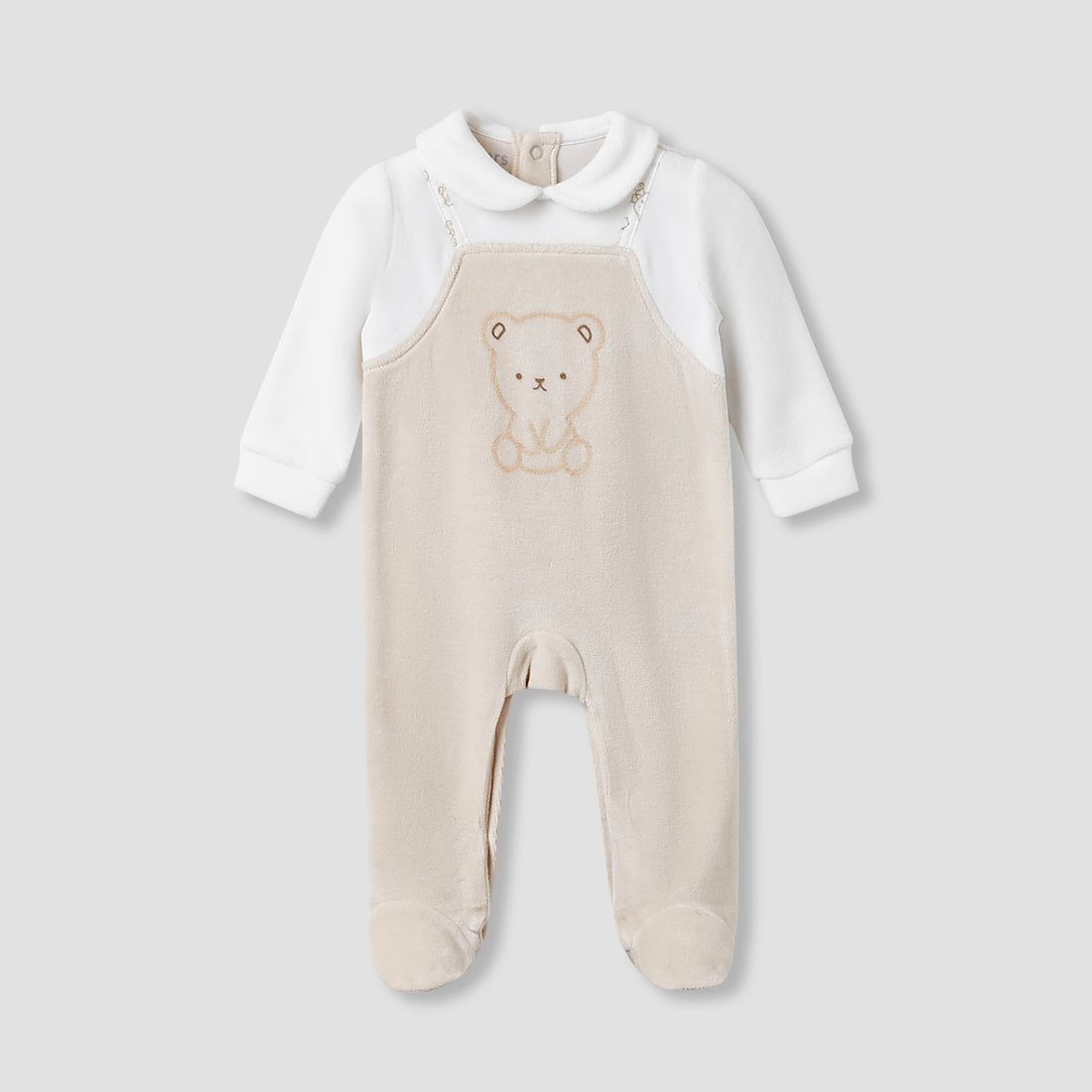 Juniors Collared Sleepsuit with Bear Print - Long Sleeves - Beige / 9-12 mths