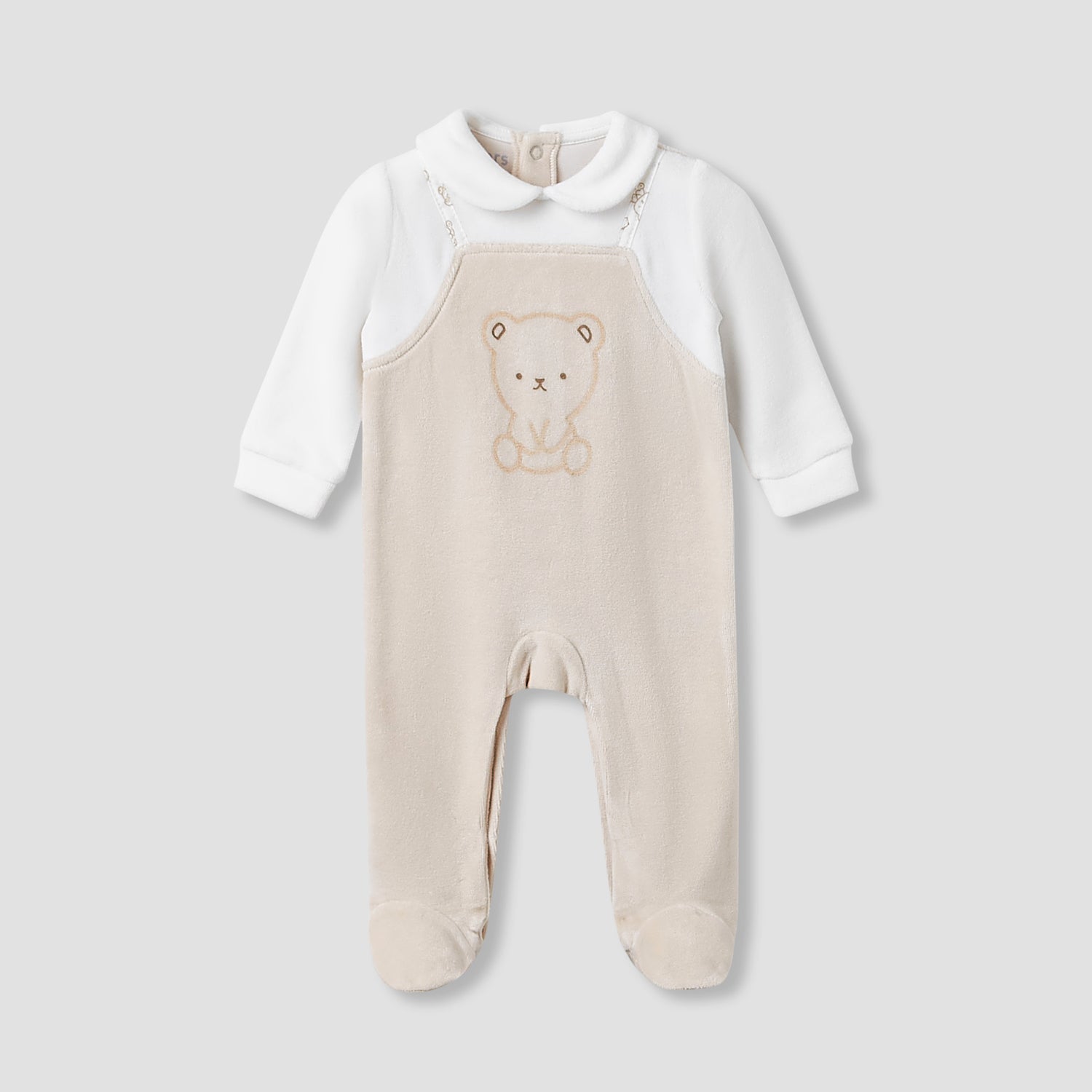 Juniors Collared Sleepsuit with Bear Print - Long Sleeves - Beige / 9-12 mths