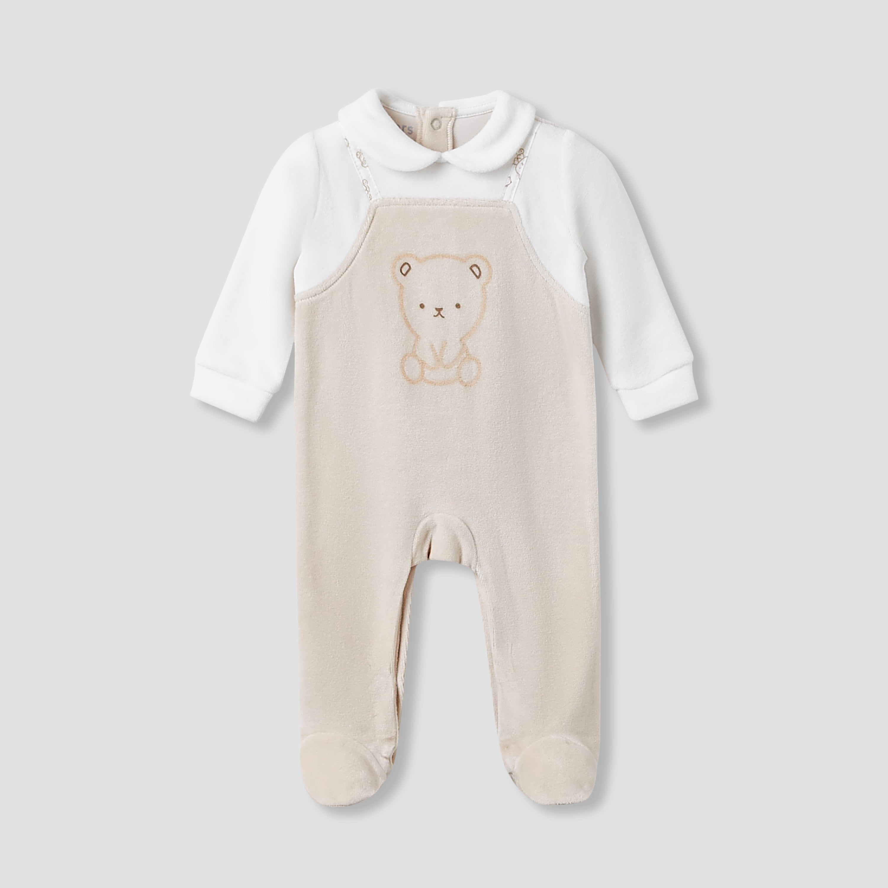 Juniors Collared Sleepsuit with Bear Print - Long Sleeves - Beige / 9-12 mths
