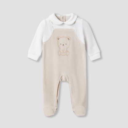 Juniors Collared Sleepsuit with Bear Print - Long Sleeves - Beige / 9-12 mths