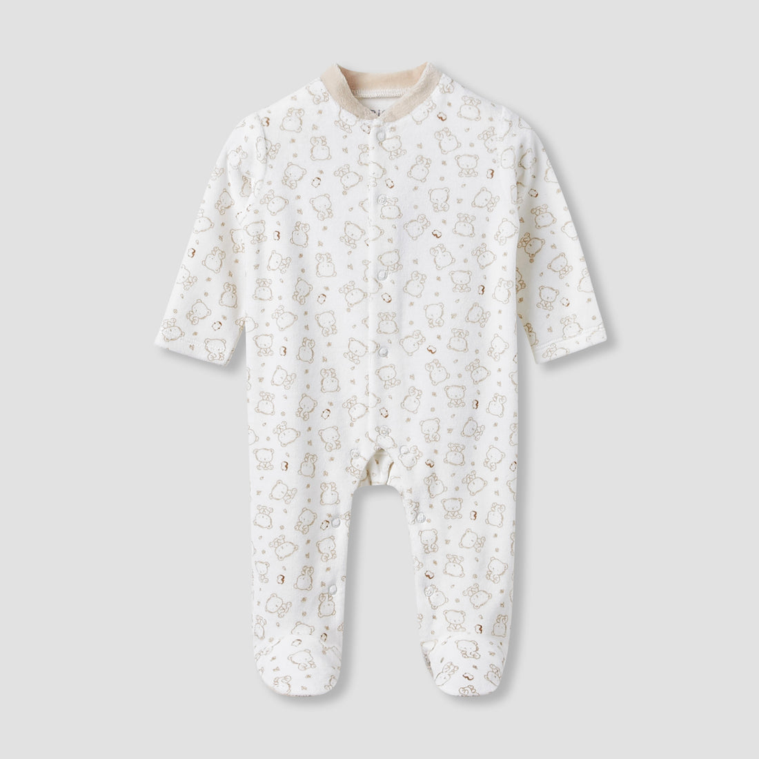 Juniors Crew Neck Sleepsuit with Bear Print - Long Sleeves - Beige / 9-12 mths
