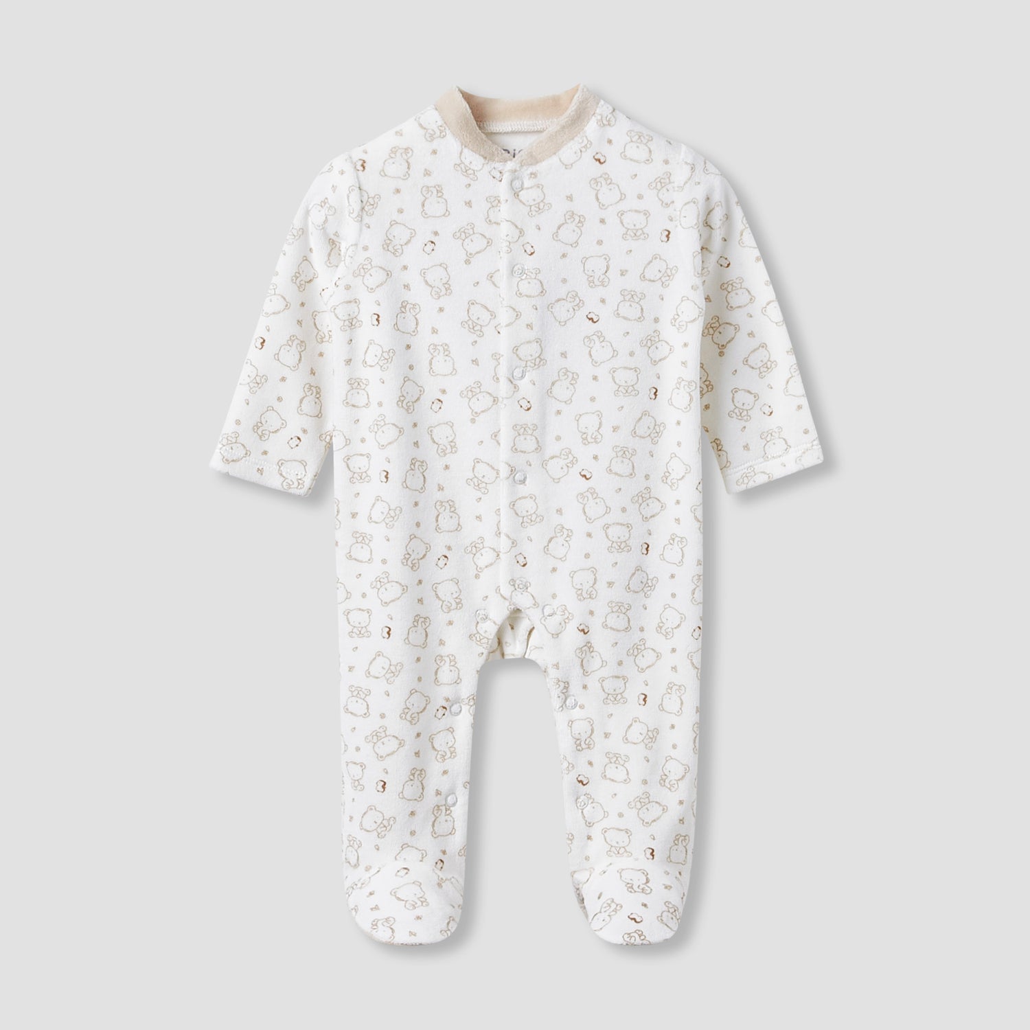 Juniors Crew Neck Sleepsuit with Bear Print - Long Sleeves - Beige / 9-12 mths