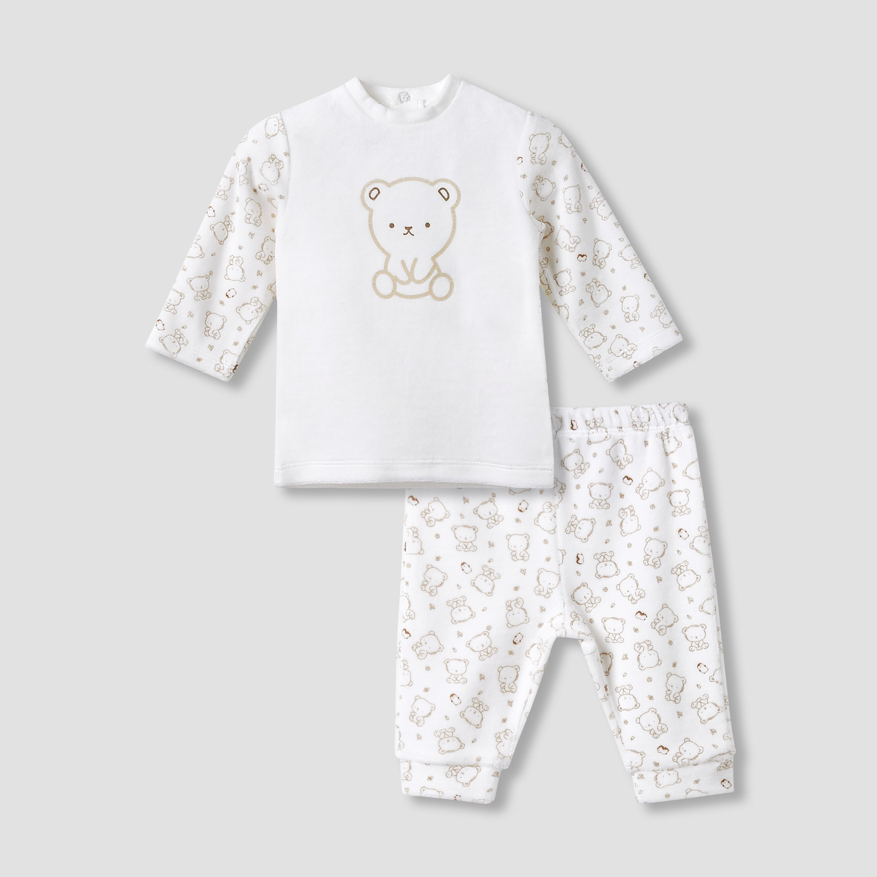 Juniors Pyjama Set with Bear Print - Long Sleeves - Crew Neck - Beige / 9-12 mths