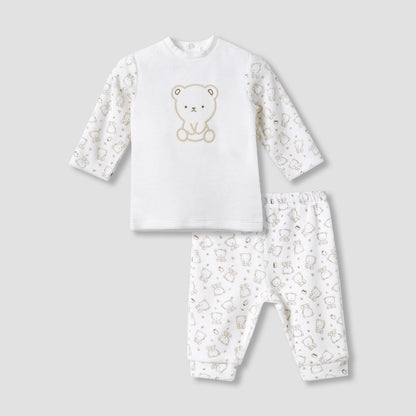 Juniors Pyjama Set with Bear Print - Long Sleeves - Crew Neck - Beige / 9-12 mths