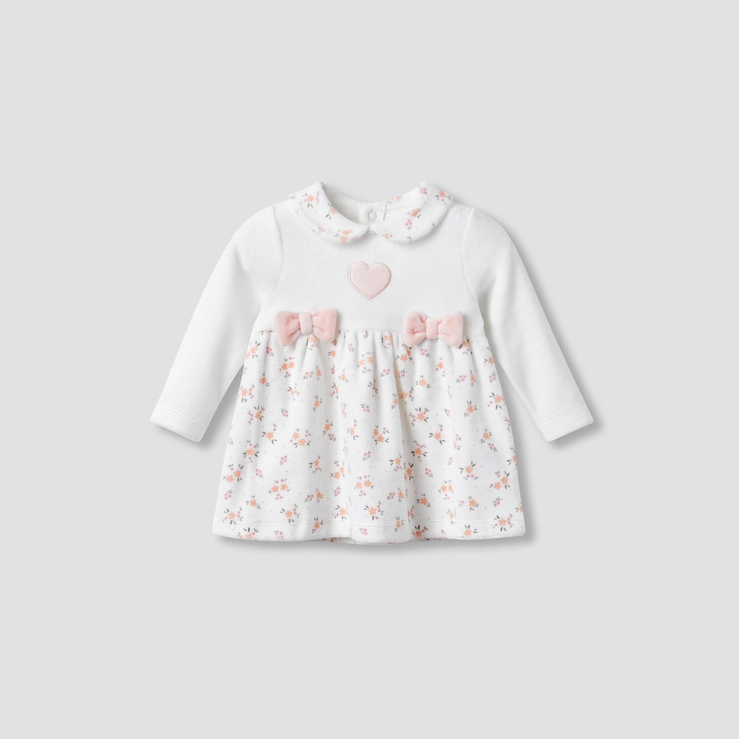 Juniors Girls A-line Dress with Floral Print - Long Sleeves - Peter Pan Collar - White / 9-12 mths
