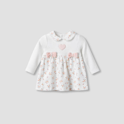 Juniors Girls A-line Dress with Floral Print - Long Sleeves - Peter Pan Collar - White / 9-12 mths