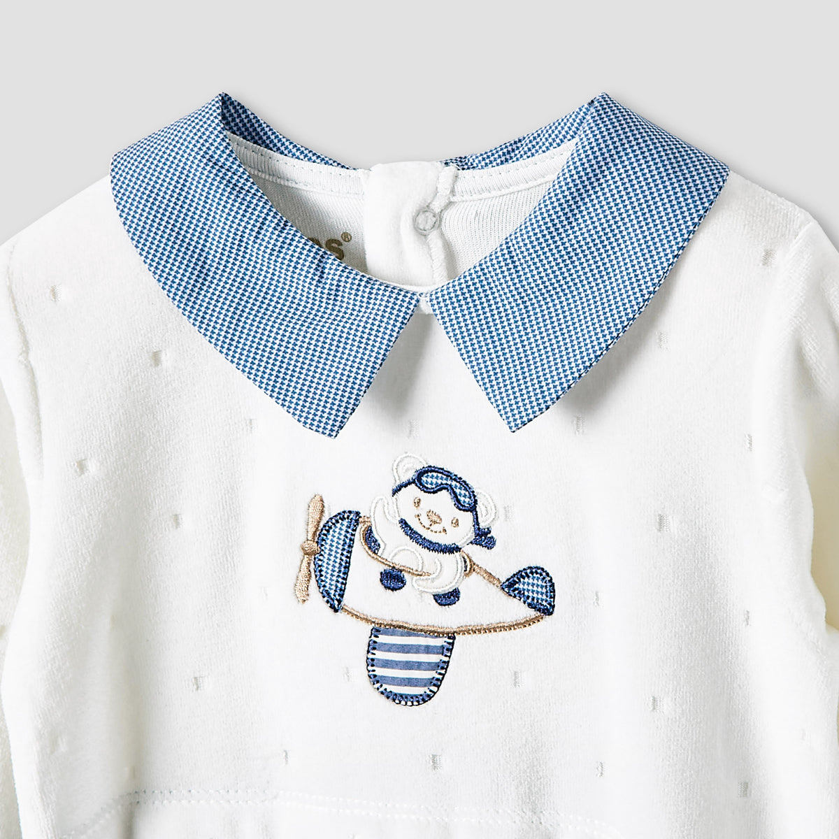 Giggles Collared Sleepsuit with Embroidered Detail - Long Sleeves