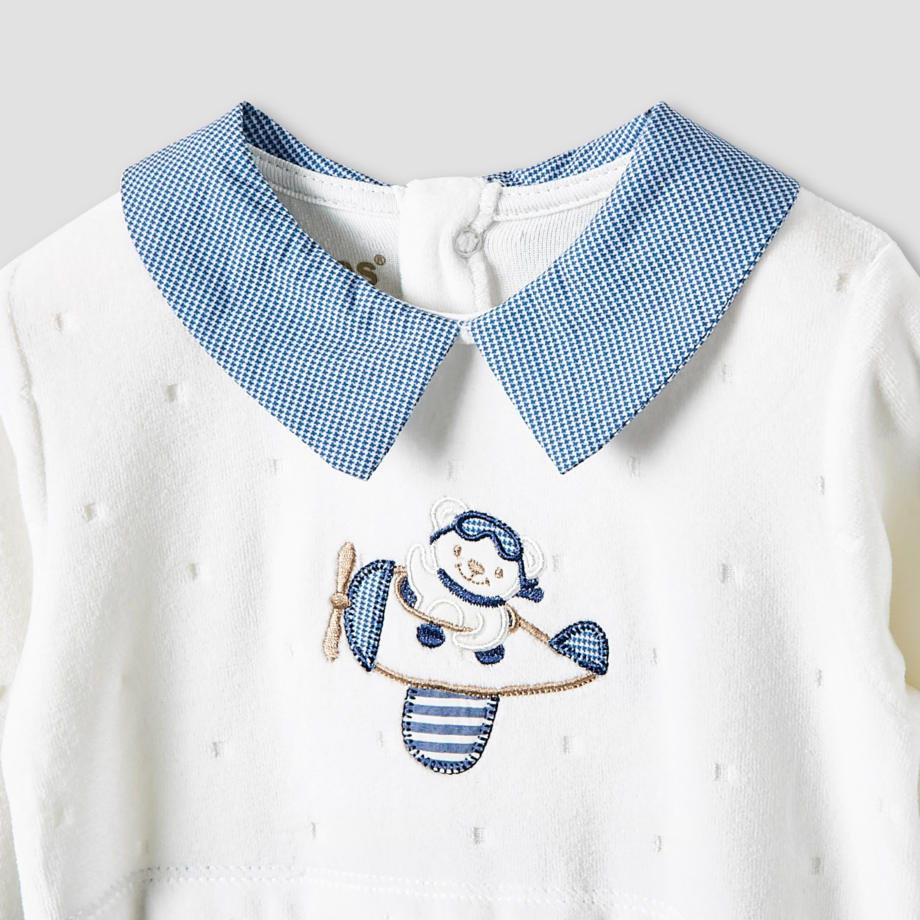 Giggles Collared Sleepsuit with Embroidered Detail - Long Sleeves
