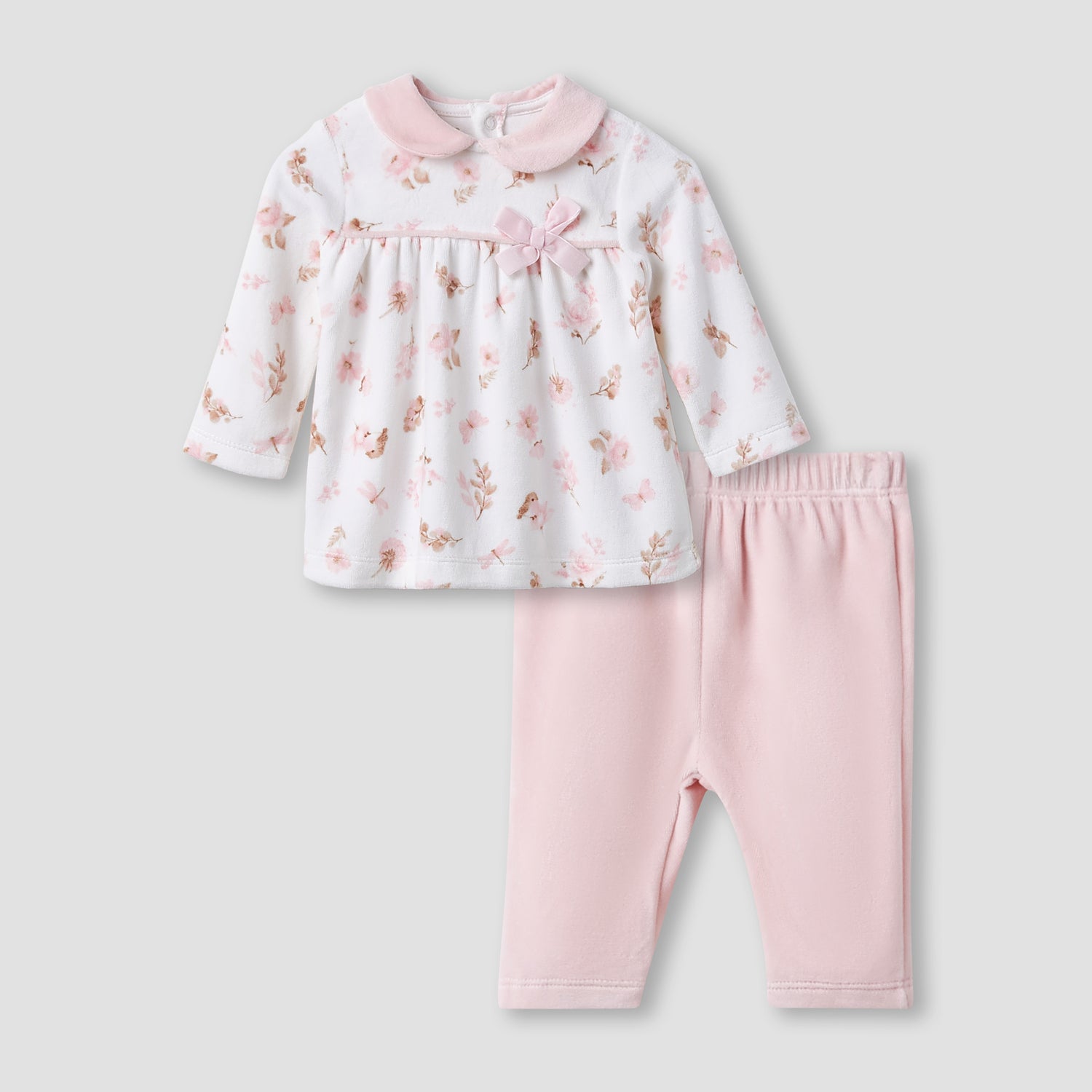Giggles Pyjama Set with Floral Print - Long Sleeves - Peter Pan Collar - Pink / 9-12 mths