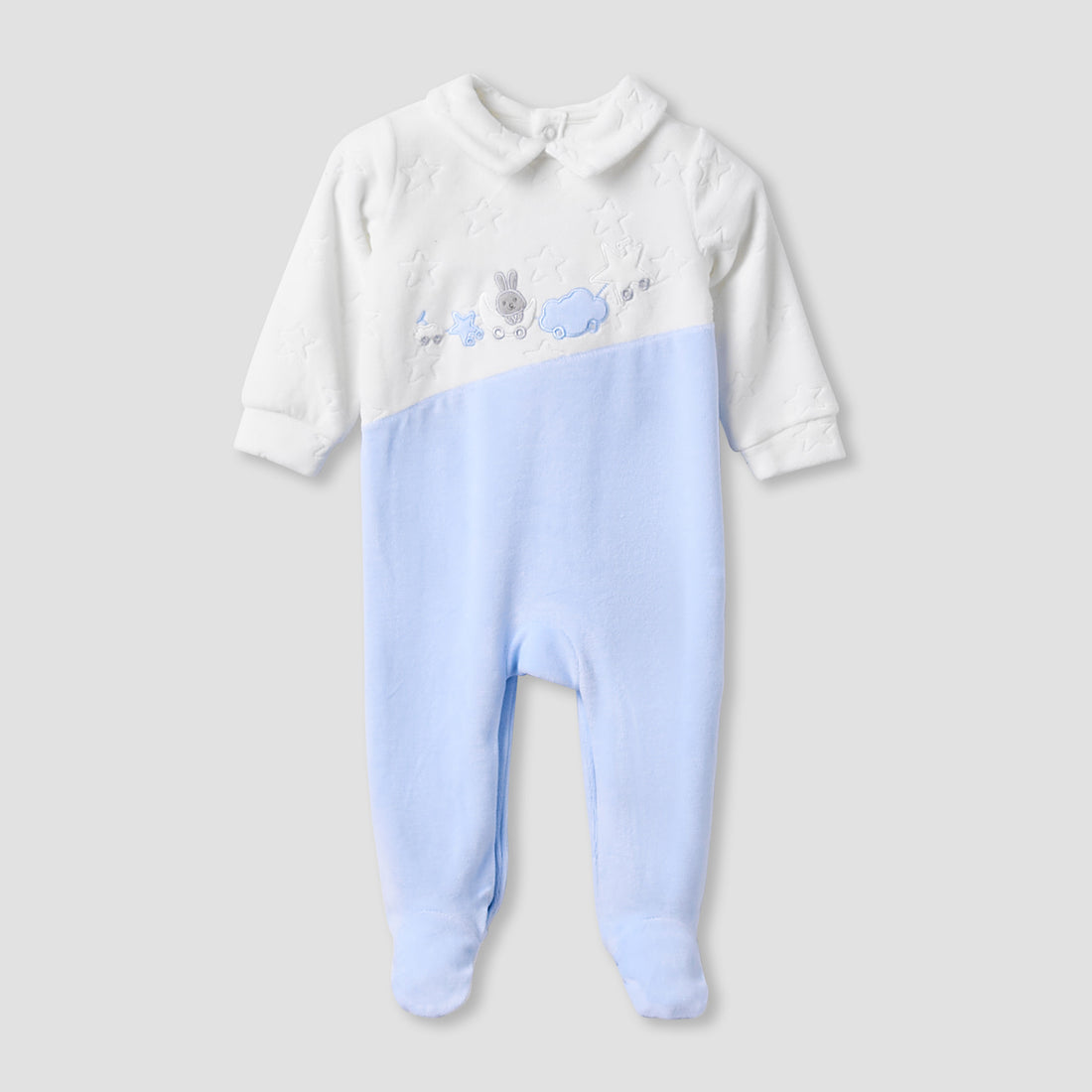 Giggles Collared Sleepsuit with Star Texture - Long Sleeves - Blue / 9-12 mths