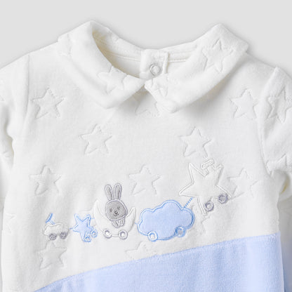 Giggles Collared Sleepsuit with Star Texture - Long Sleeves
