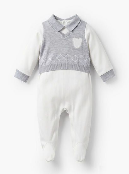 Giggles Collared Sleepsuit with Bear Applique - Cotton - Long Sleeves-baby-boys-clothing-nightwear-sleepsuits-image-1
