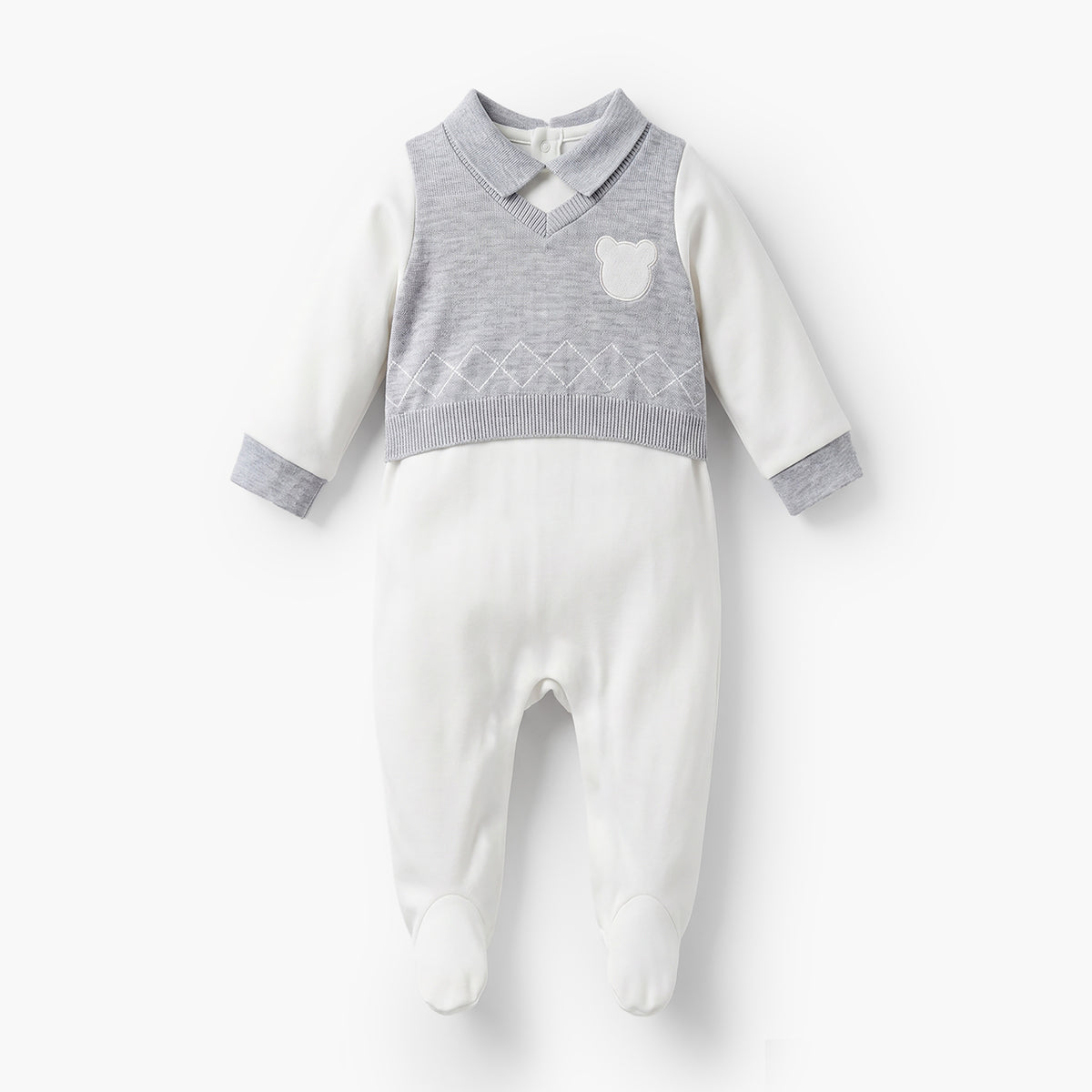 Giggles Collared Sleepsuit with Bear Applique - Cotton - Long Sleeves