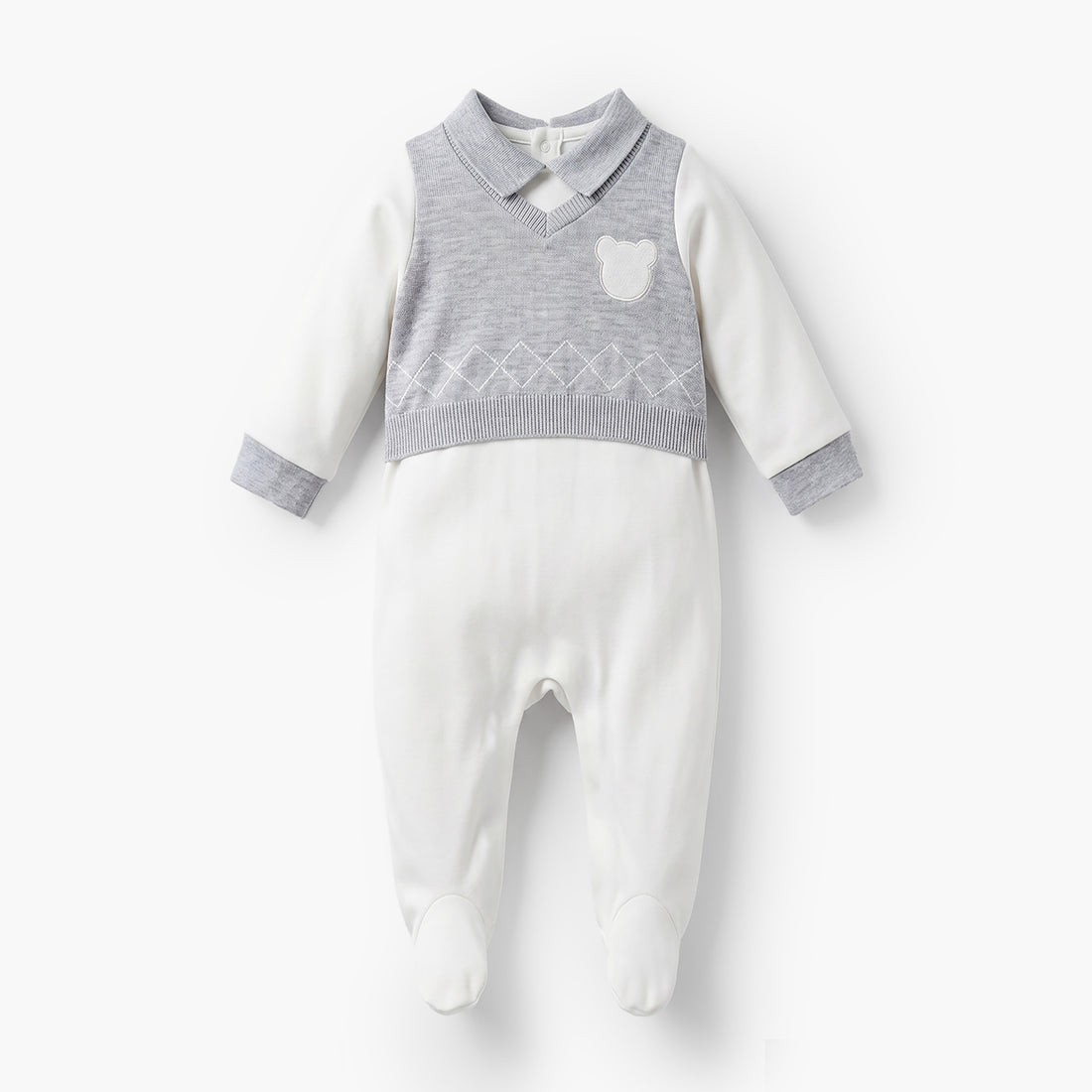 Giggles Collared Sleepsuit with Bear Applique - Cotton - Long Sleeves - Grey / 9-12 mths