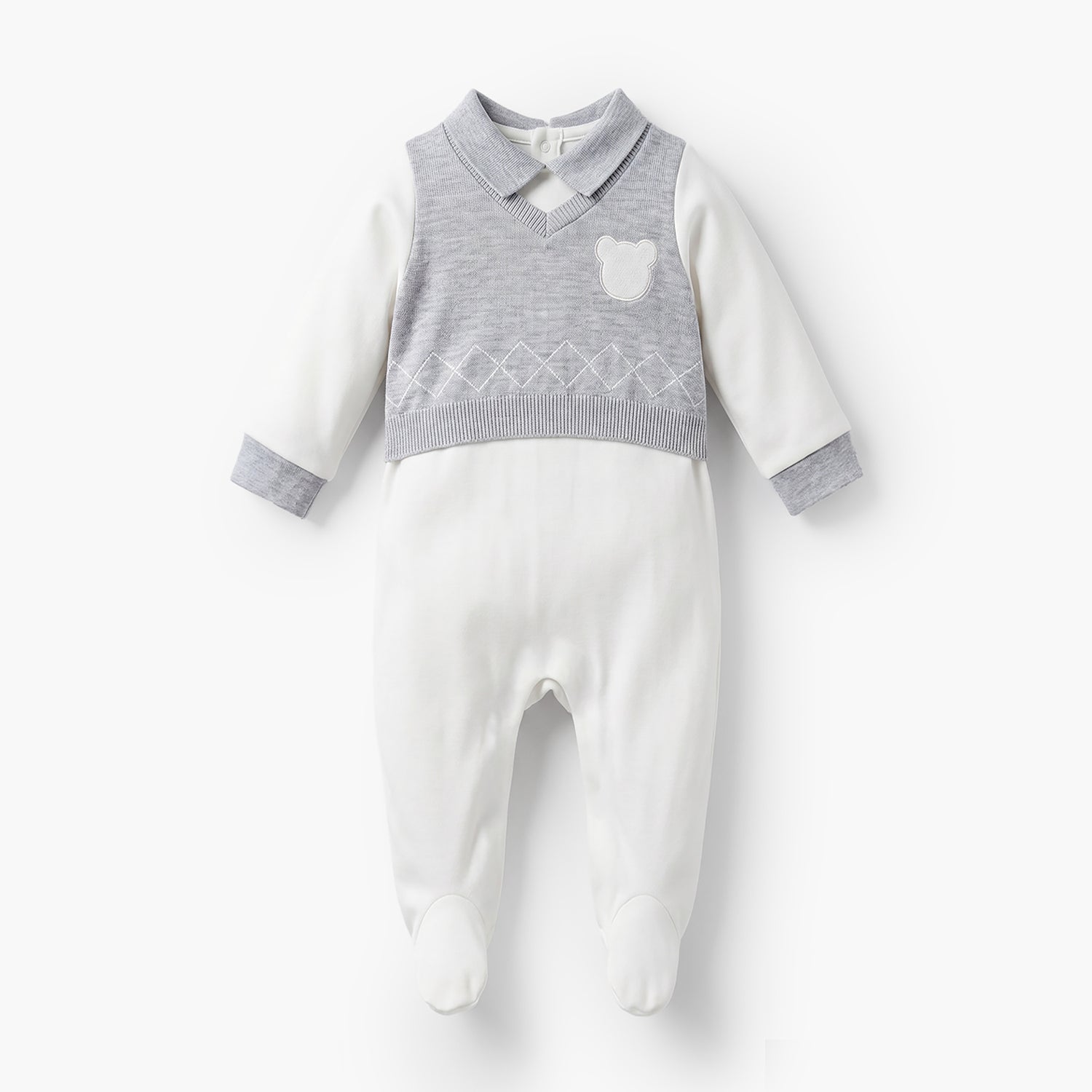 Giggles Collared Sleepsuit with Bear Applique - Cotton - Long Sleeves - Grey / 9-12 mths