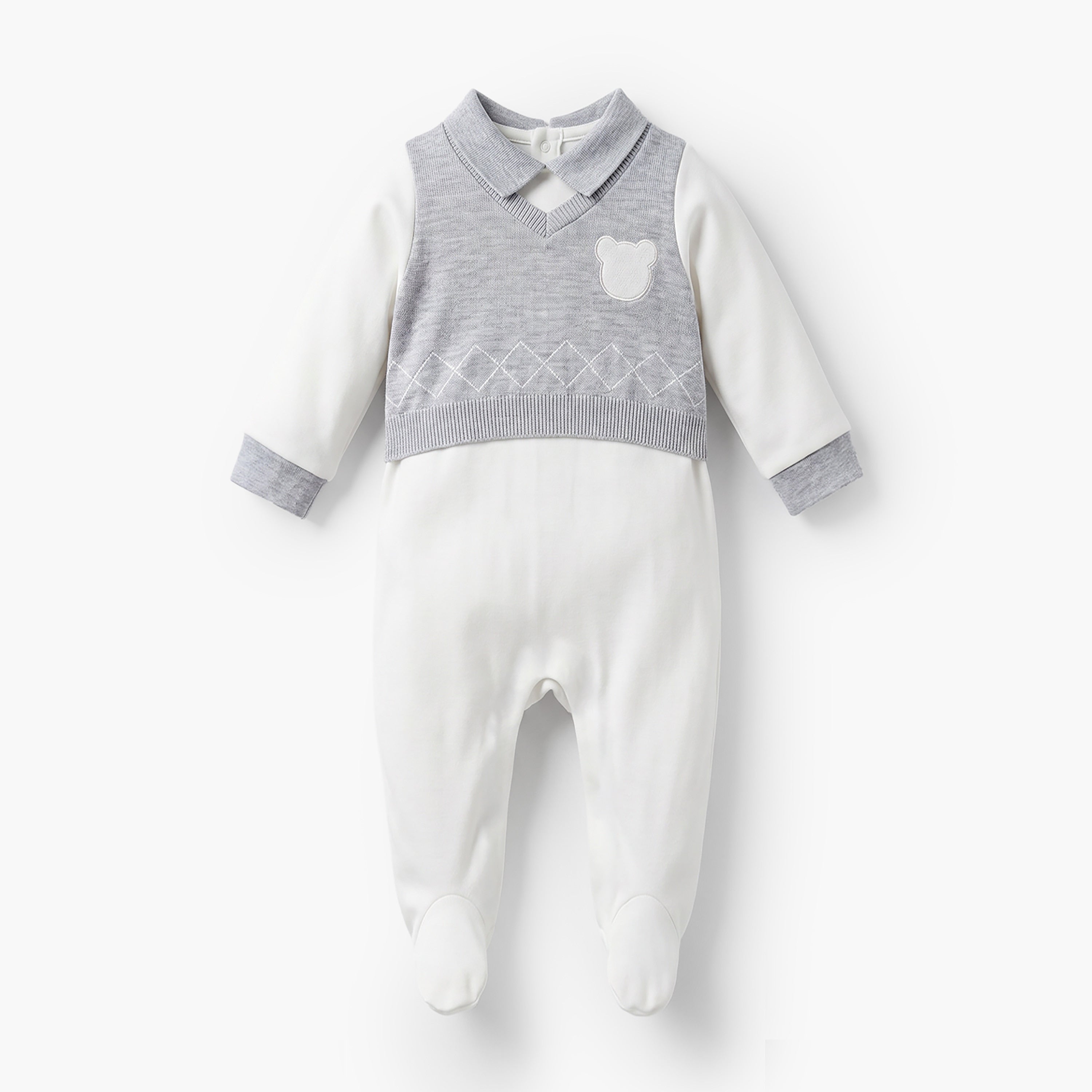 Giggles Collared Sleepsuit with Bear Applique - Cotton - Long Sleeves - Grey / 9-12 mths