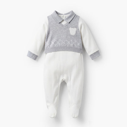 Giggles Collared Sleepsuit with Bear Applique - Cotton - Long Sleeves - Grey / 9-12 mths