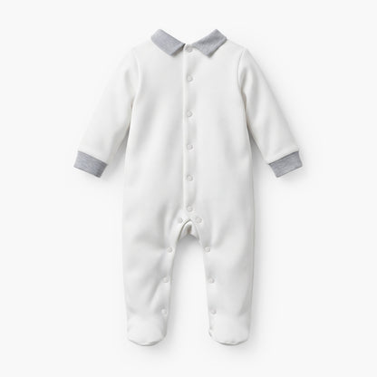 Giggles Collared Sleepsuit with Bear Applique - Cotton - Long Sleeves