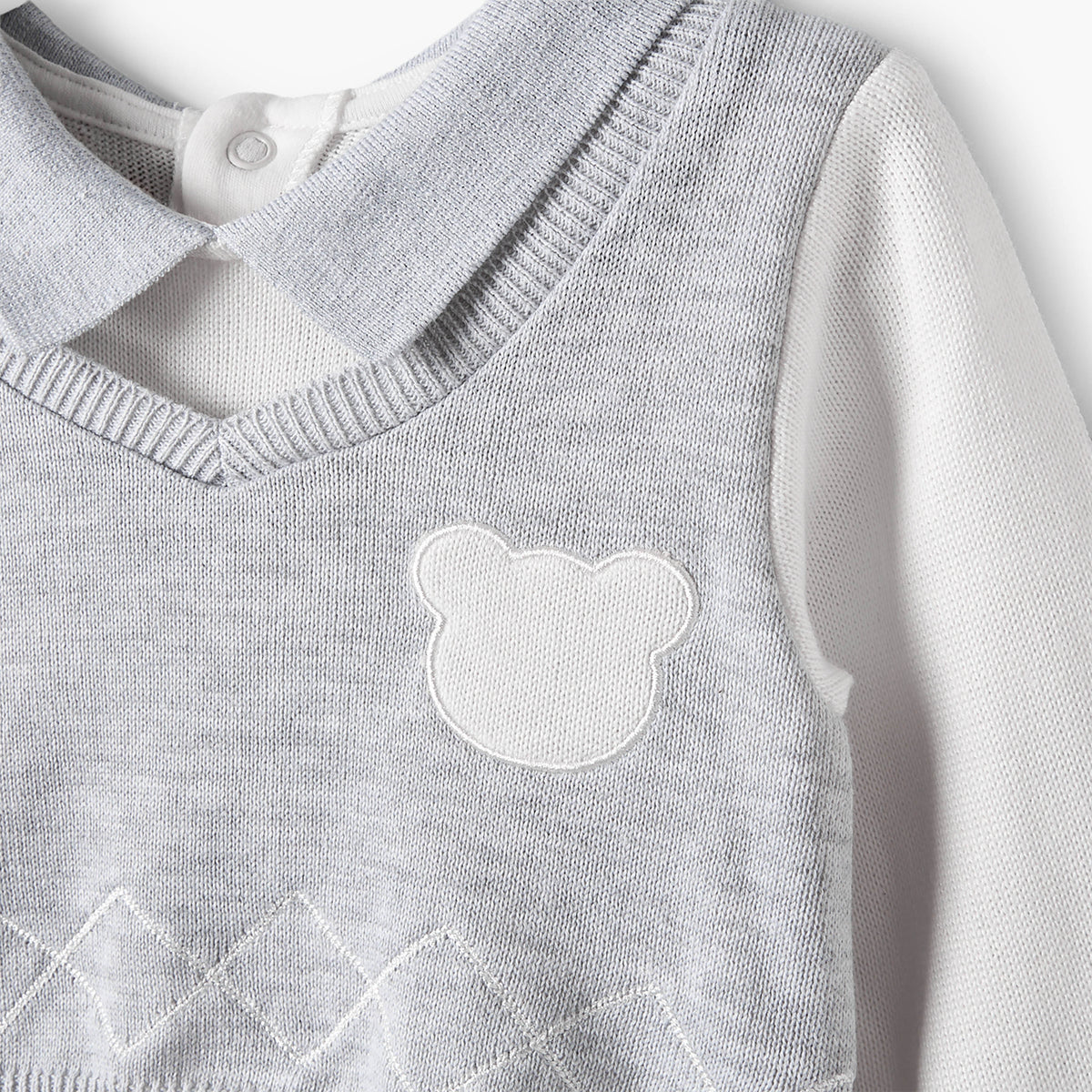 Giggles Collared Sleepsuit with Bear Applique - Cotton - Long Sleeves