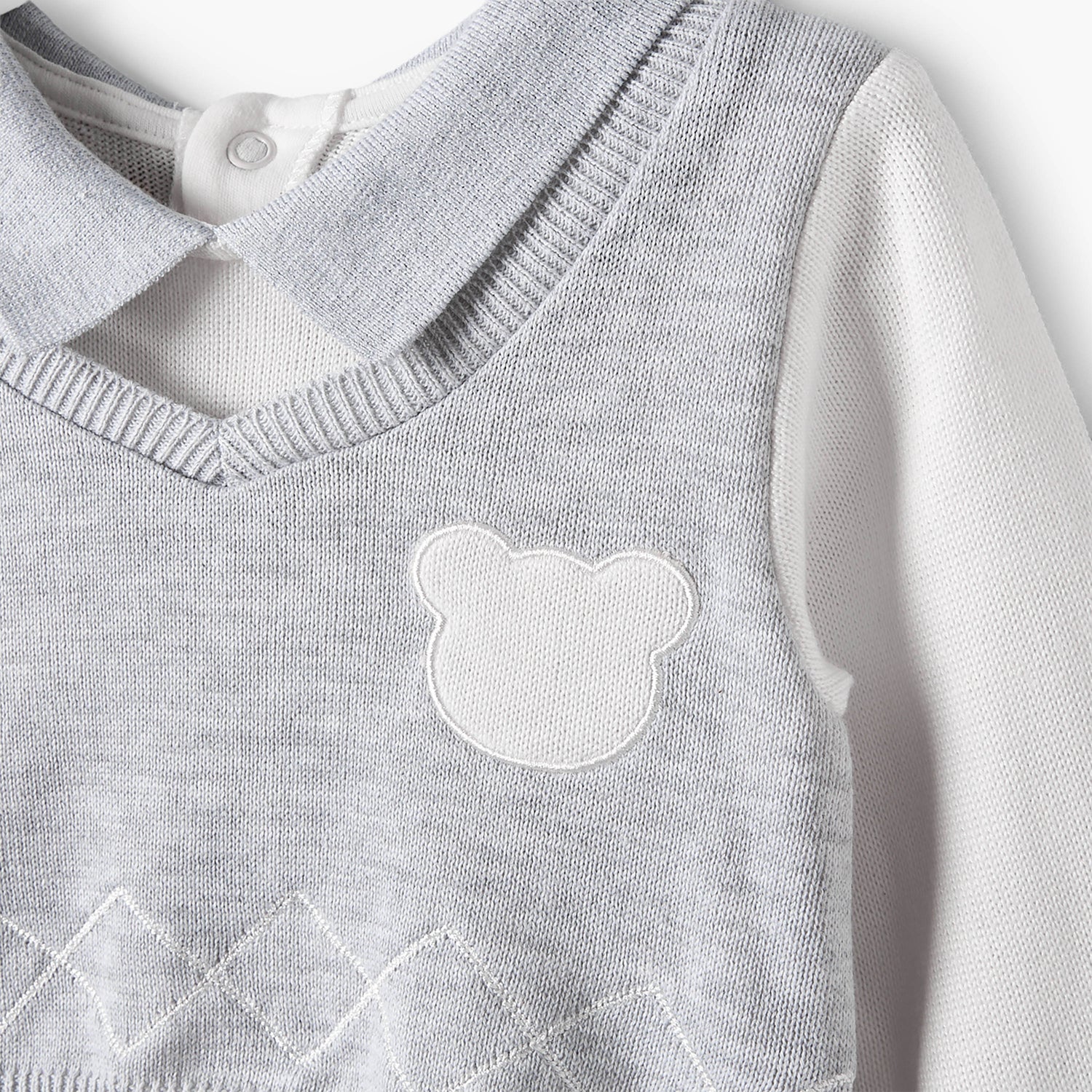 Giggles Collared Sleepsuit with Bear Applique - Cotton - Long Sleeves