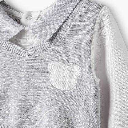 Giggles Collared Sleepsuit with Bear Applique - Cotton - Long Sleeves