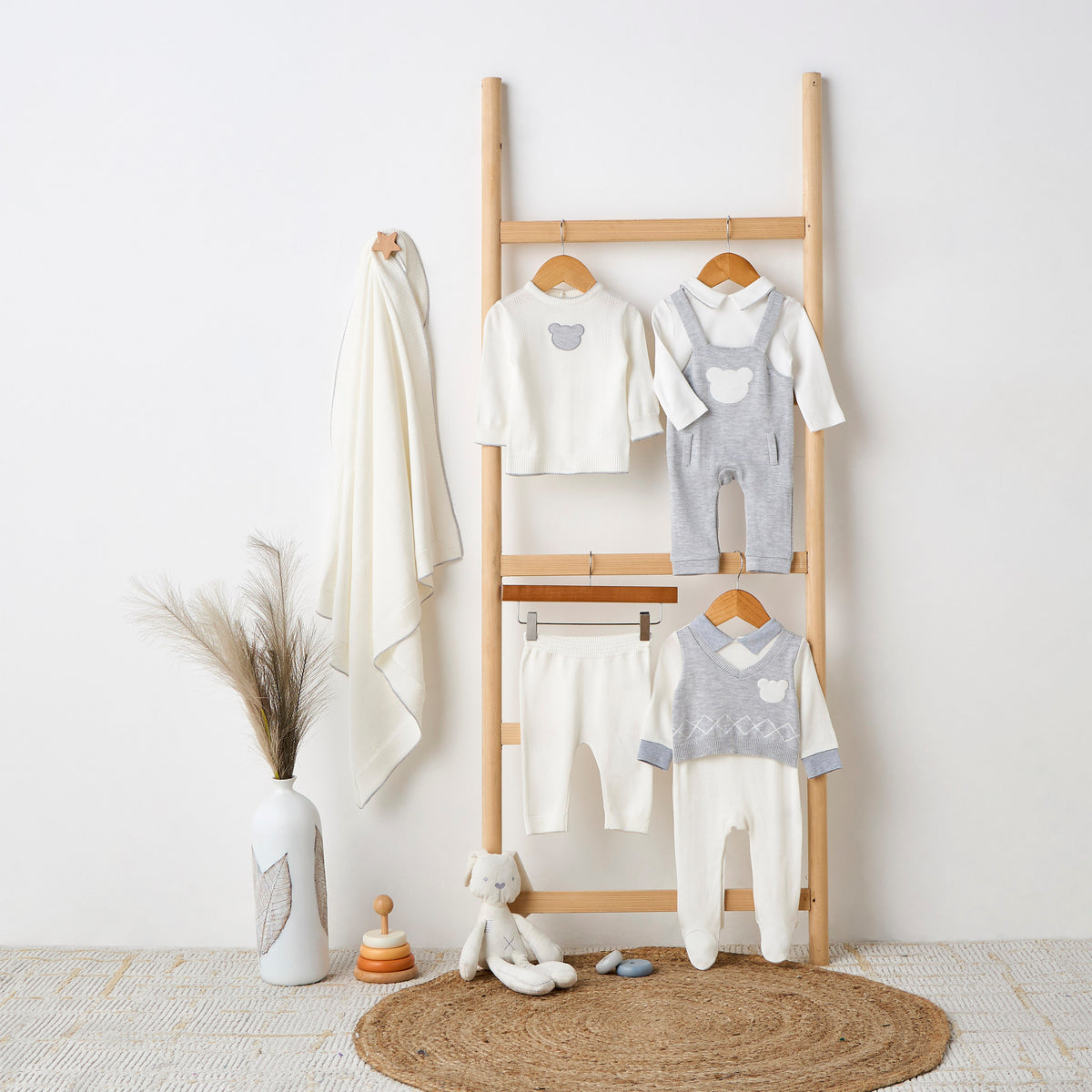 Giggles Collared Sleepsuit with Bear Applique - Cotton - Long Sleeves