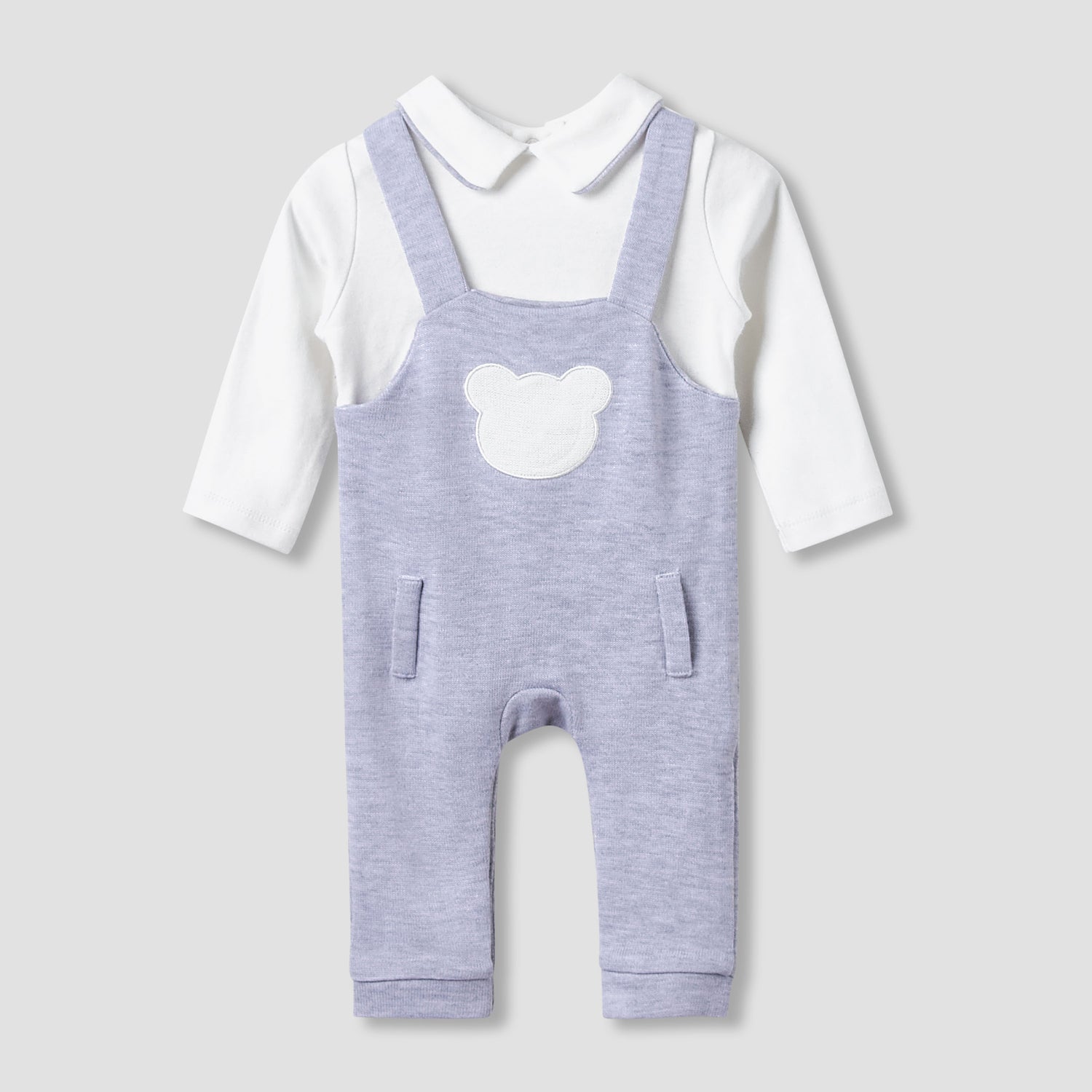 Giggles Collared Sleepsuit with Bear Applique - Cotton - Long Sleeves - Grey / 9-12 mths