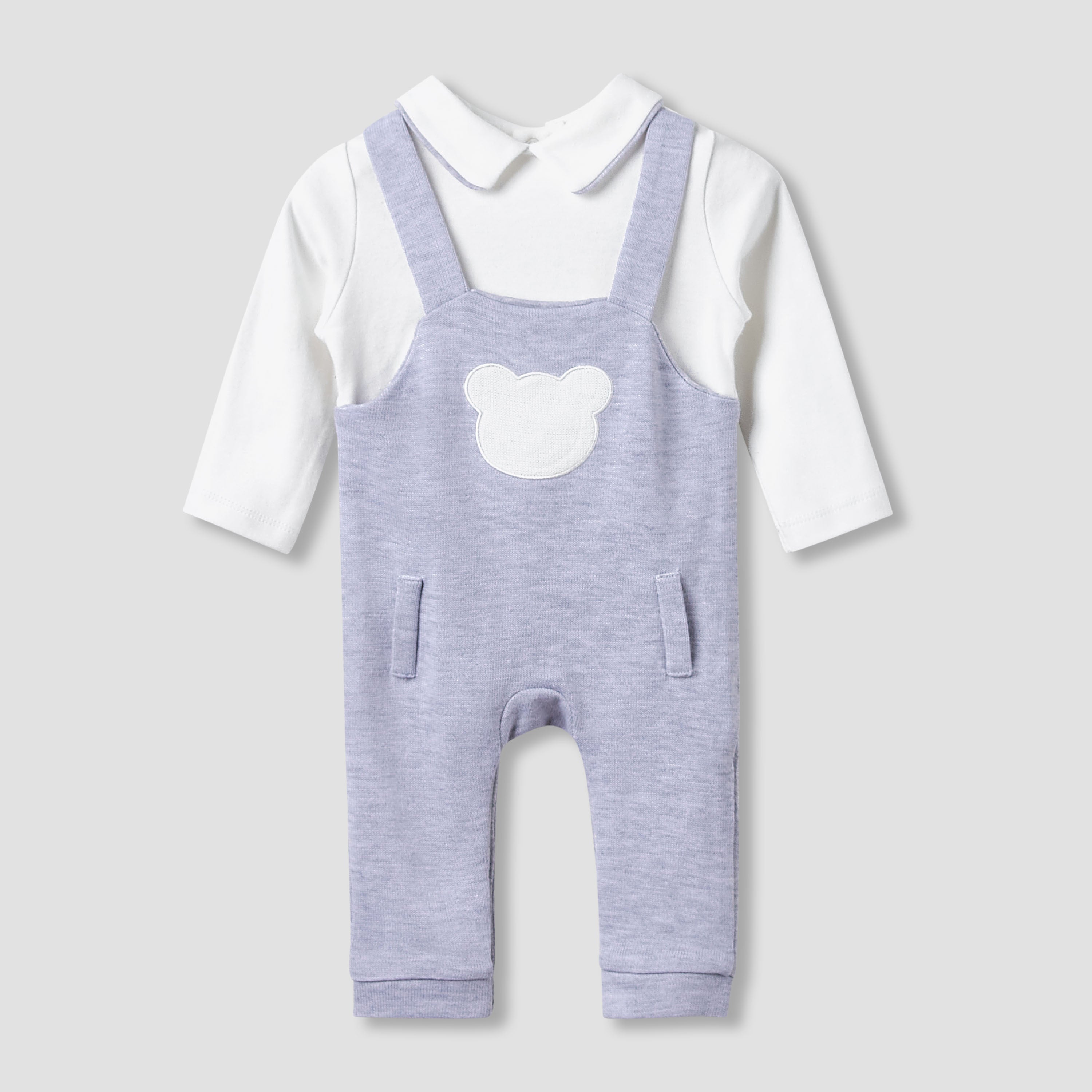 Giggles Collared Sleepsuit with Bear Applique - Cotton - Long Sleeves - Grey / 9-12 mths
