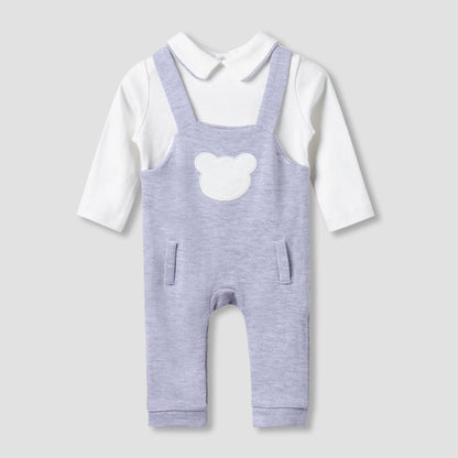 Giggles Collared Sleepsuit with Bear Applique - Cotton - Long Sleeves - Grey / 9-12 mths
