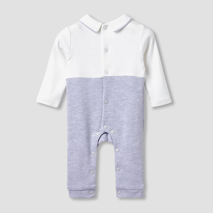 Giggles Collared Sleepsuit with Bear Applique - Cotton - Long Sleeves